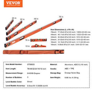 VEVOR 6PCS Torpedo Level Set 10/16/24/32/48/78" Bubble Spirit Level - Image 7